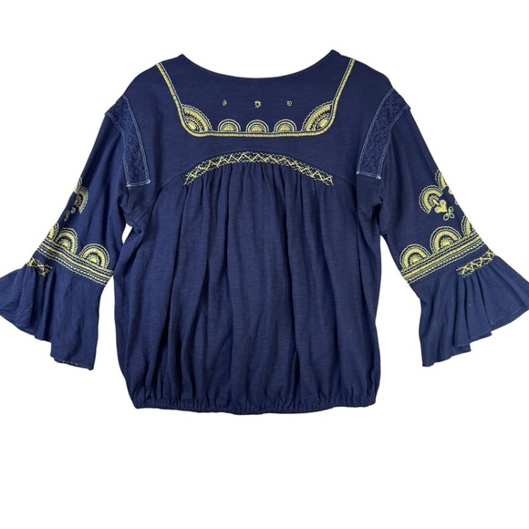 Free People Navy Blue Boho Yellow Embroidered Blouse - Picture 5 of 13